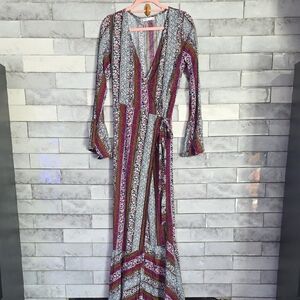 Boho Stripe Wrap Maxi Dress in Burgundy and White